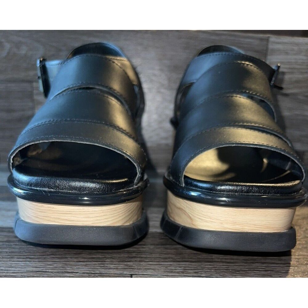 Sorel Black Leather Strappy Wedge Sandals with Wood-Effect Platform - Picture 4 of 7